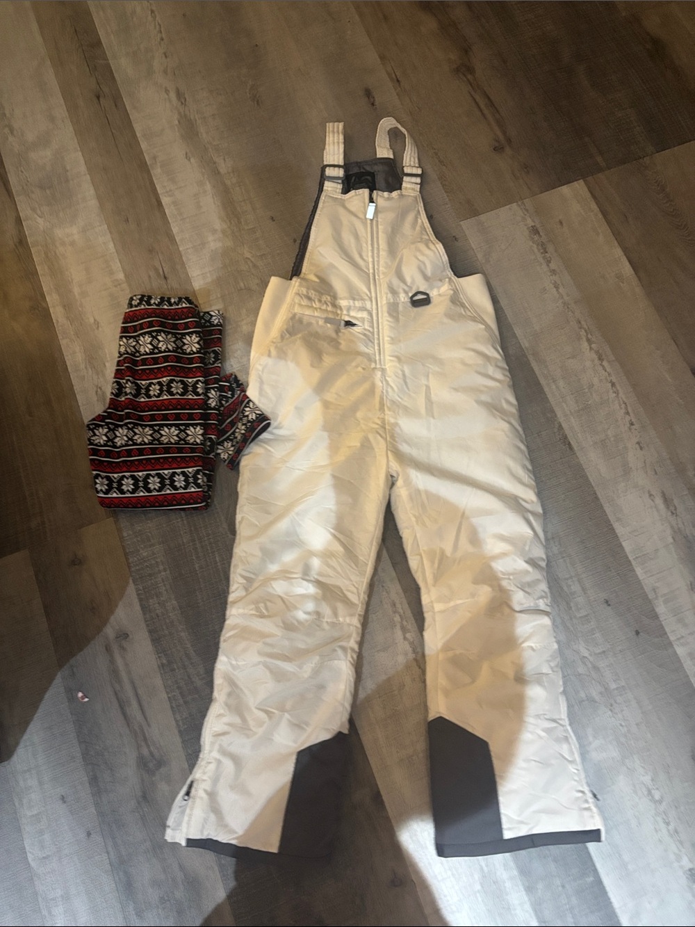 Cream Snow Bib Ski Pants with Black Reinforced Cuffs